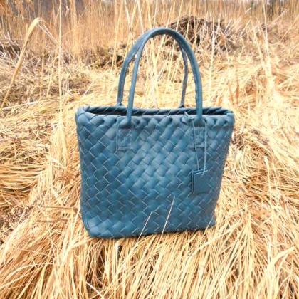 Leather Tote ,turquoise Leather Tote ,woven..