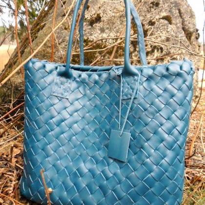 Leather Tote ,turquoise Leather Tote ,woven..
