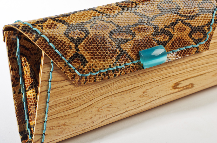 Wood Clutch Snake Pattern Leather